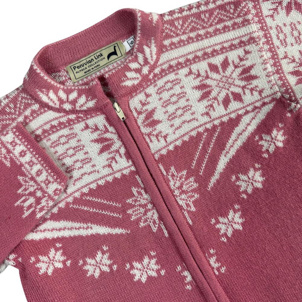Peruvian Link Fair Isle Full Zip Sweater Girls 6 Pink Alpaca Blend Snowflake